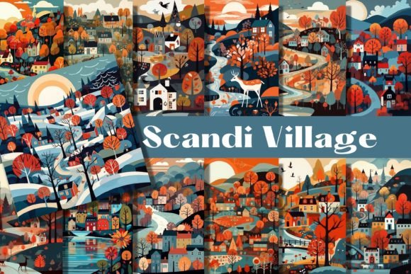 Folk Art Scandi Village Backgrounds for Creative Projects